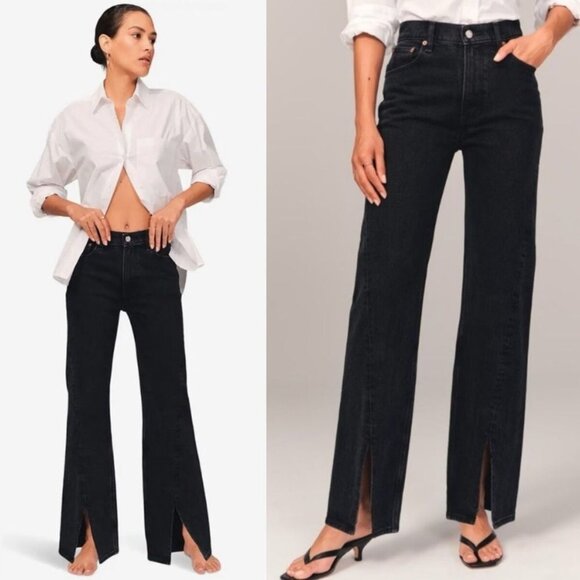 Abercrombie & Fitch The 90s Relaxed Jean High Rise Front Slit Black sz 25 Short - Picture 1 of 15